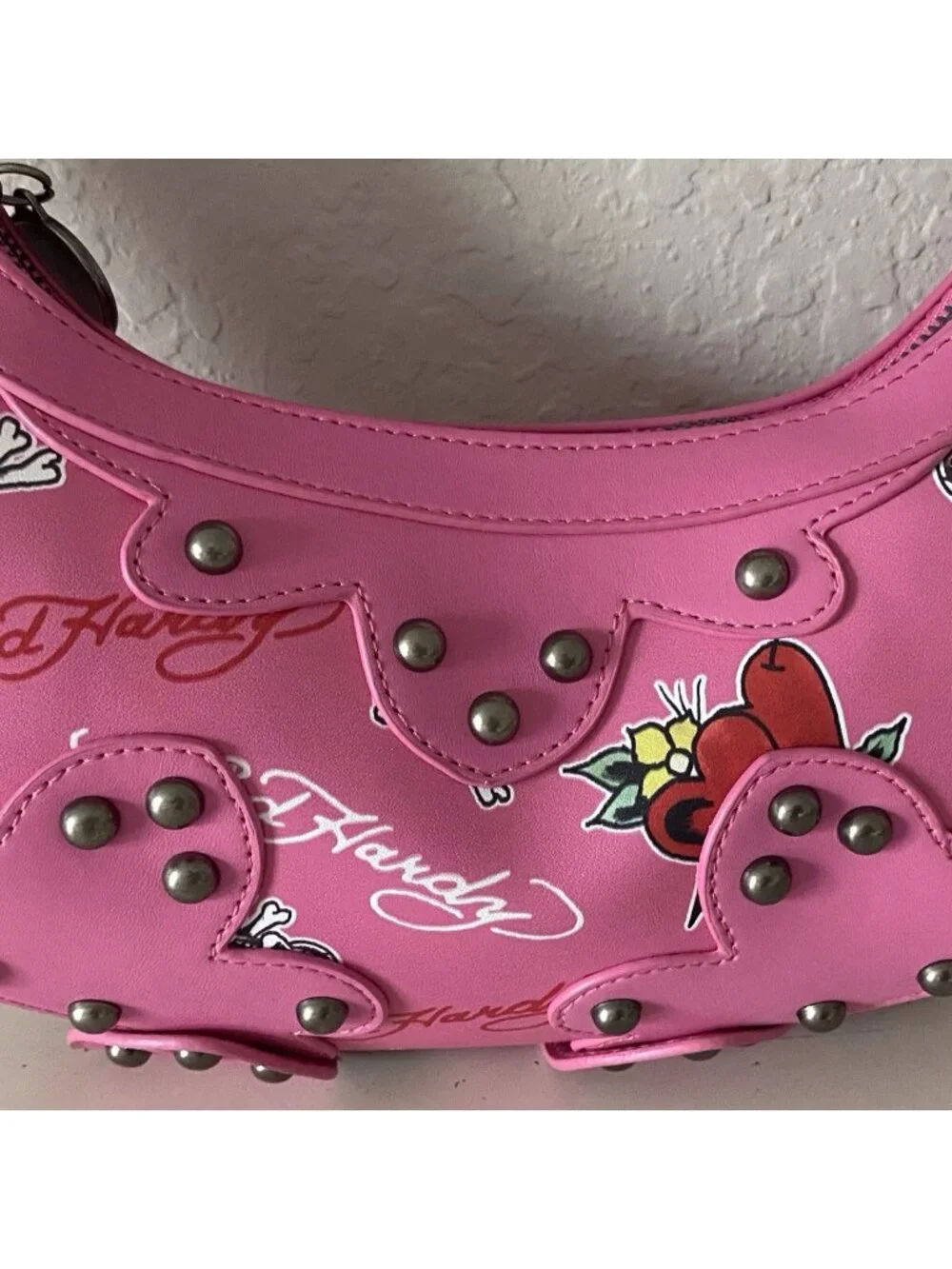 Ed Hardy Pink Hobo Shoulder Bag Studded Heart Rose Skull Cross Charms NEW‎
